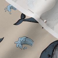 The Vintage series - Whales and waves wild ocean freehand sea life illustrations pirate adventures baby blue on beige sand boys  