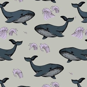 The Vintage series - Whales and waves wild ocean freehand sea life illustrations pirate adventures lilac blush peach on mist gray girls