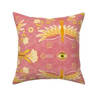 Soar  - optimistic flying birds, flowers and radiant eye - watermelon, pink, Marigold yellow and lemon-lime - Large