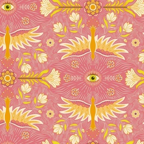 Soar  - optimistic flying birds, flowers and radiant eye - watermelon, pink, Marigold yellow and lemon-lime - Large