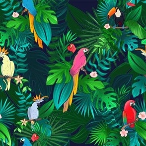 colorful parrot in the jungle on a blue background tropical seamless pattern