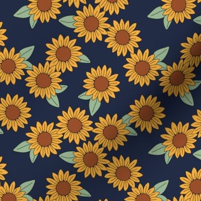 Sunflower garden blossom summer floral design pastel ochre yellow sage green on nave blue night SMALL