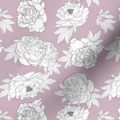 White peony black outline flowers with leaves on light pink background.