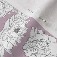 White peony black outline flowers with leaves on light pink background.