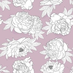 White peony black outline flowers with leaves on light pink background.