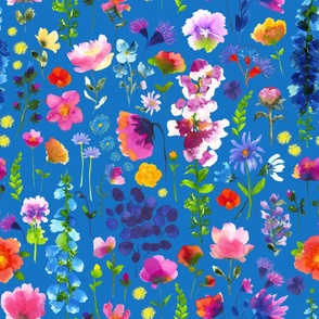Spring watercolor flowers blue background jumbo large scale