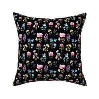 Watercolor meadow floral pattern painted black background small 