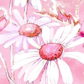 Poppies and daisies on bubble gum pink