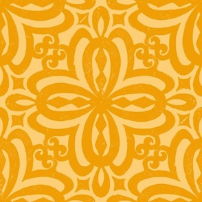 Marigold Yellow Orange Damask Quatrefoil Block Print by Angel Gerardo - Large Scale