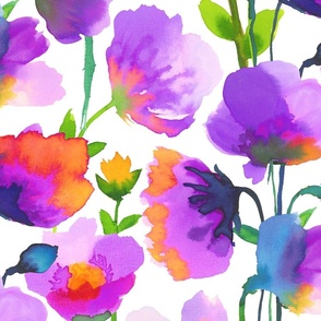 Watercolor violet flowers with nuances of orange blue green jumbo large