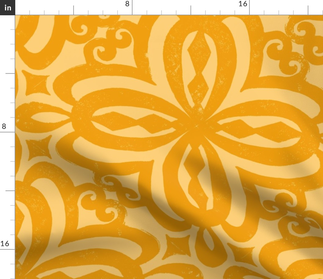 Marigold Yellow Orange Damask Quatrefoil Block Print by Angel Gerardo - Jumbo Scale
