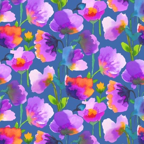 Watercolor loose orange and violet flowers blue background  jumbo