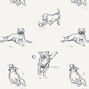 Traditional Toile Dog Breeds for Baby & Kids Wallpaper & Fabric in Ivory & Navy