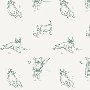 Traditional Toile Dog Breeds for Baby & Kids Wallpaper & Fabric in Ivory & Green