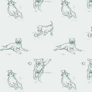 Traditional Toile Dog Breeds for Baby & Kids Wallpaper & Fabric in Blue & Green