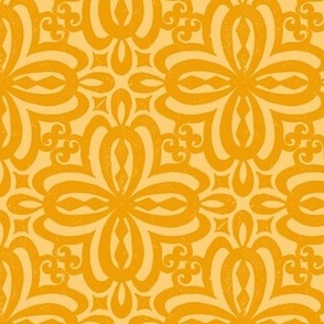 Marigold Yellow Orange Damask Quatrefoil Block Print by Angel Gerardo