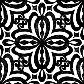 Black and White Damask Quatrefoil Block Print by Angel Gerardo - Large Scale