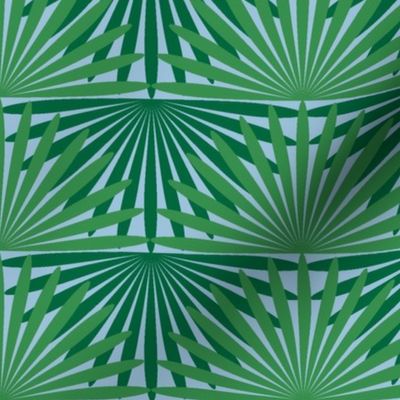 Palmetto Palm Jungle Whimsical Funky Traditional Fun Vintage Retro Starburst Star Pattern Palms in Neutral Colors Kelly Green 5C8D53 Emerald Green Dark Green 246641 Sky Blue Gray A7C0DA Subtle Modern Geometric Abstract