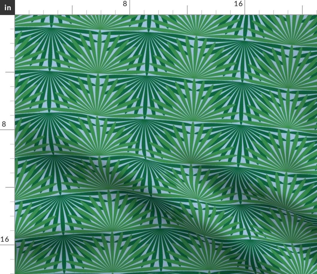 Palmetto Palm Jungle Whimsical Funky Traditional Fun Vintage Retro Starburst Star Pattern Palms in Neutral Colors Kelly Green 5C8D53 Emerald Green Dark Green 246641 Sky Blue Gray A7C0DA Subtle Modern Geometric Abstract