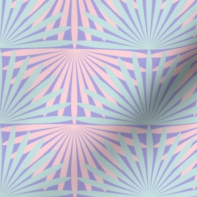Palmetto Palm Jungle Whimsical Funky Traditional Fun Vintage Retro Starburst Star Pattern Palms in Pastel Colors Cotton Candy Pink F1D2D6 Sea Glass Blue Green Turquoise CDE1DD Lilac Lavender Purple Violet A6A3DE Fresh Modern Geometric Abstract