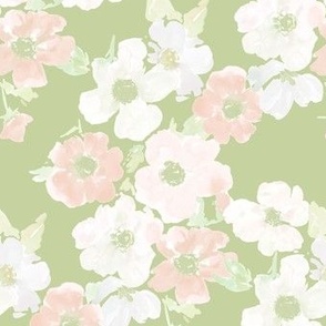 Anemone Flowers in Soft Pastel, Light Green, Watercolor Fabric