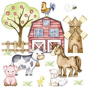 Watercolor Farm Animals Scene