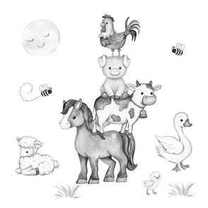 Farm Animals Stacked Grayscale