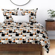 Hand drawn squares in black and orange on creamy white - large