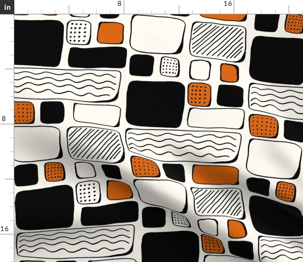 Hand drawn squares in black and orange on creamy white - large