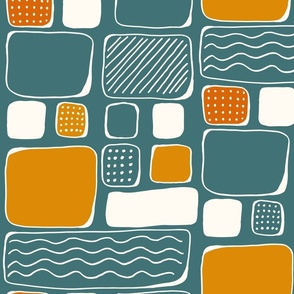 Hand drawn squares in orange on aqua green - xl