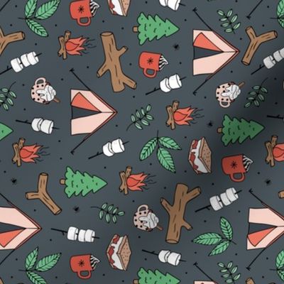 Winter wonderland camping trip outside adventures with campfire marshmallows and hot chocolate pine tree forest and wood logs green red christmas palette on charcoal gray rotated