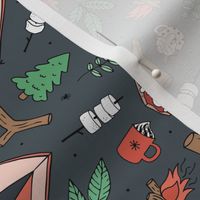 Winter wonderland camping trip outside adventures with campfire marshmallows and hot chocolate pine tree forest and wood logs green red christmas palette on charcoal gray rotated