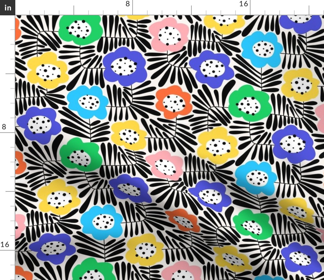 Climbing Flowers V2: Big flowers, abstract flowers,  fun floral, dopamine design, retro floral in black, white & rainbow colors - Medium