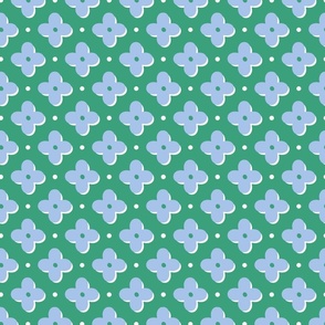 quatrefoil/blue on green