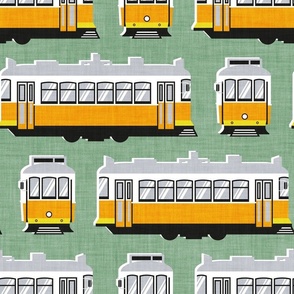 Normal scale // Lisbon trams // jade green background lemon lime and marigold transport
