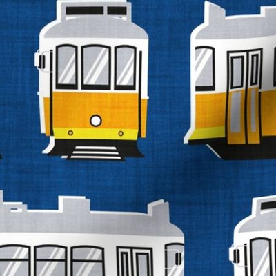 Normal scale // Lisbon trams // classic blue background lemon lime and marigold transport