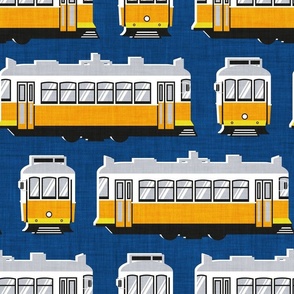 Normal scale // Lisbon trams // classic blue background lemon lime and marigold transport