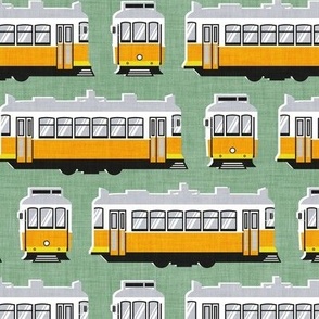 Small scale // Lisbon trams // jade green background lemon lime and marigold transport