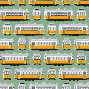 Tiny scale // Lisbon trams // jade green background lemon lime and marigold transport