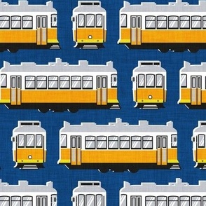 Small scale // Lisbon trams // classic blue background lemon lime and marigold transport