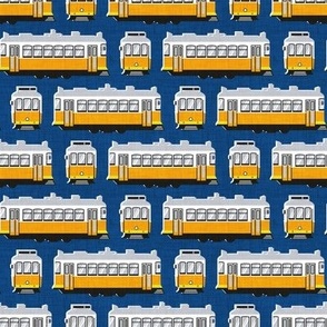 Tiny scale // Lisbon trams // classic blue background lemon lime and marigold transport