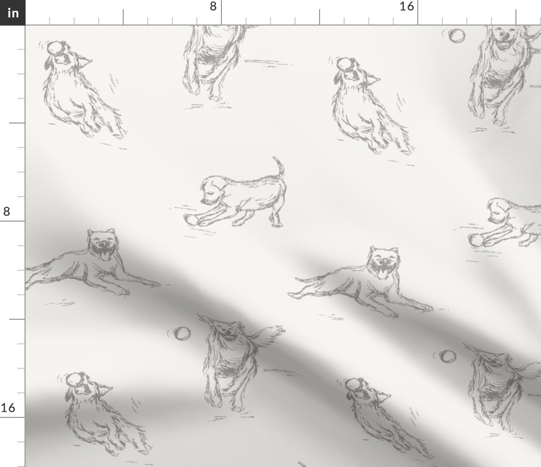 Traditional Toile Dog Breeds for Baby & Kids Wallpaper & Fabric in Grey & Ivory