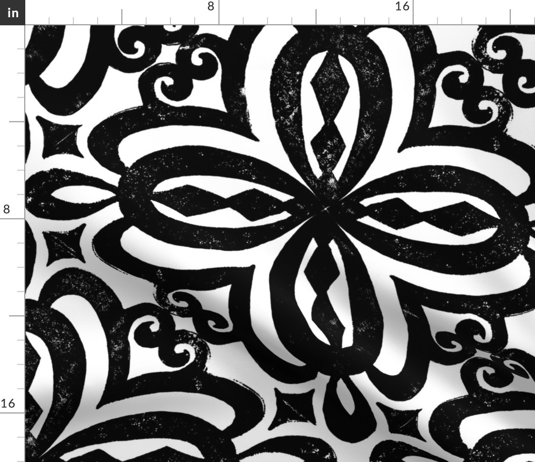 Black and White Damask Quatrefoil Block Print by Angel Gerardo - Jumbo Scale