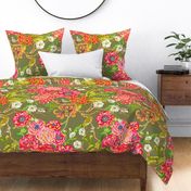 Chinoiserie Floral Birds & Peonies - Olive