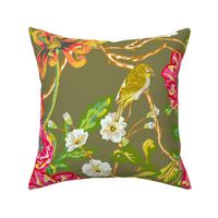 Chinoiserie Floral Birds & Peonies - Olive