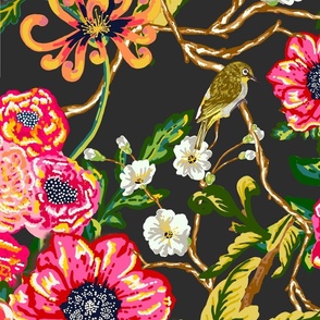 Chinoiserie Floral Birds & Peonies - Charcoal 