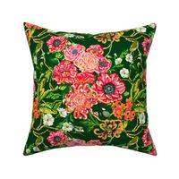 Chinoiserie Floral Birds & Peonies - Deep Green 