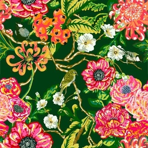 Chinoiserie Floral Birds & Peonies - Deep Green 