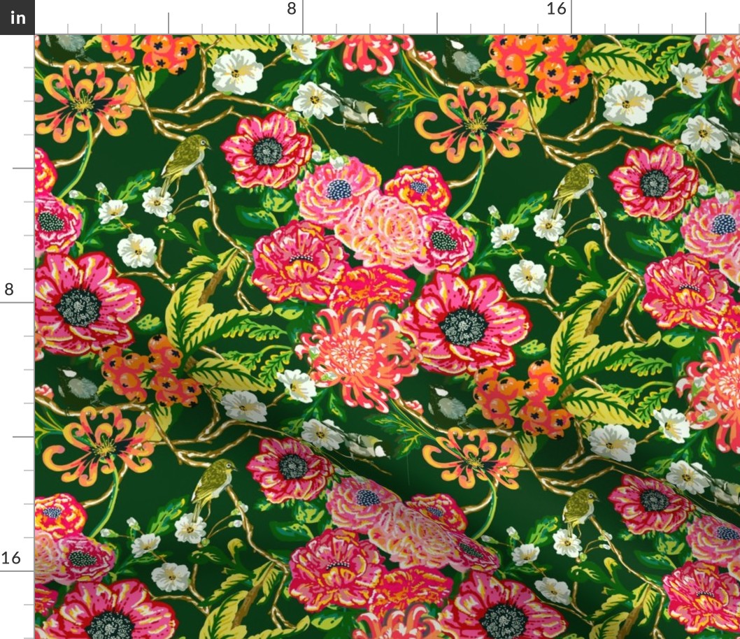 Chinoiserie Floral Birds & Peonies - Deep Green 