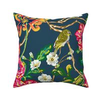 Chinoiserie Floral Birds & Peonies - Midnight Blue